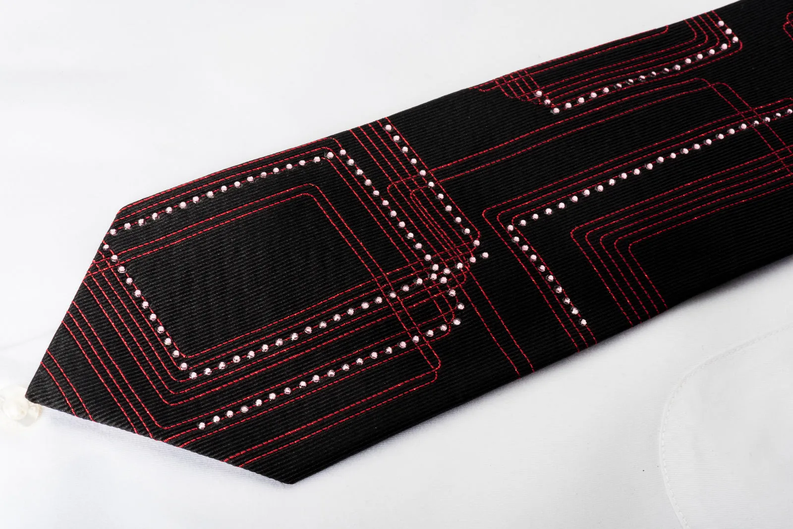 Valentino Rich Woven Silk Rhinestone Necktie Red Geometric On Black With Red Sparkles
