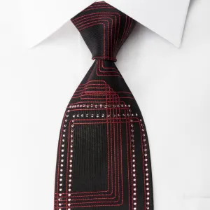 Valentino Rich Woven Silk Rhinestone Necktie Red Geometric On Black With Red Sparkles