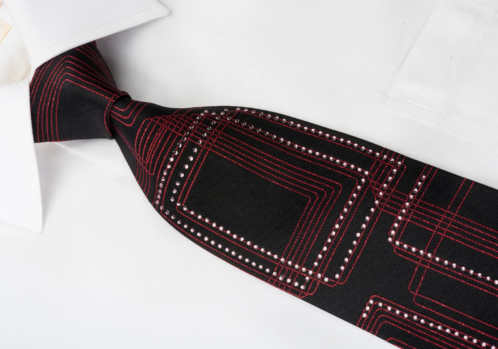 Valentino Rich Woven Silk Rhinestone Necktie Red Geometric On Black With Red Sparkles