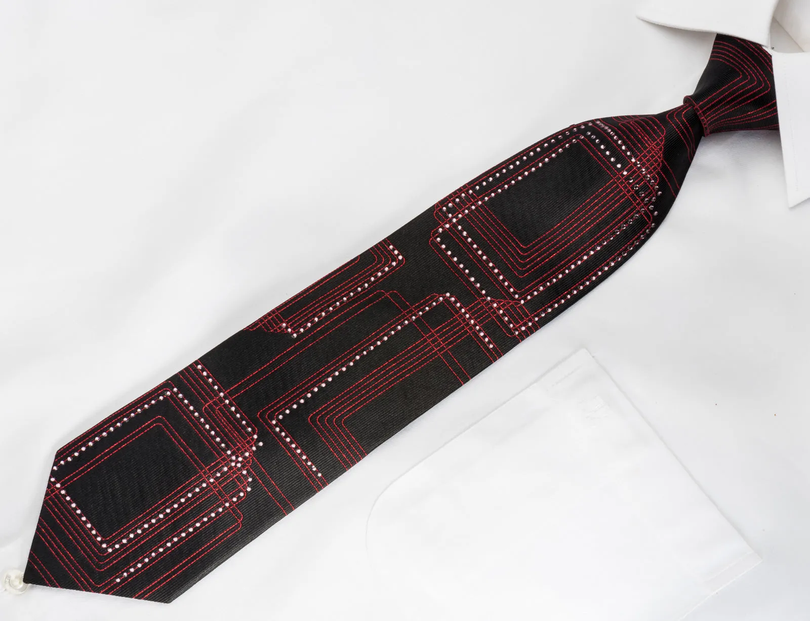 Valentino Rich Woven Silk Rhinestone Necktie Red Geometric On Black With Red Sparkles