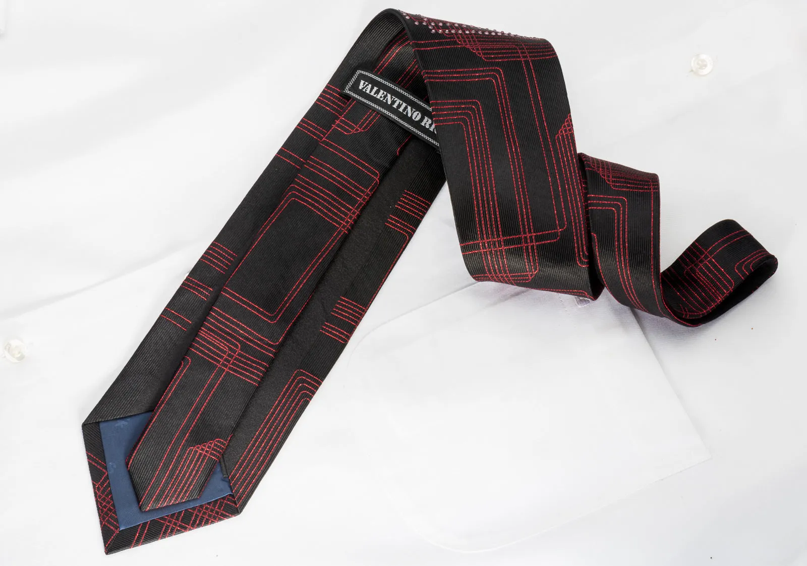 Valentino Rich Woven Silk Rhinestone Necktie Red Geometric On Black With Red Sparkles