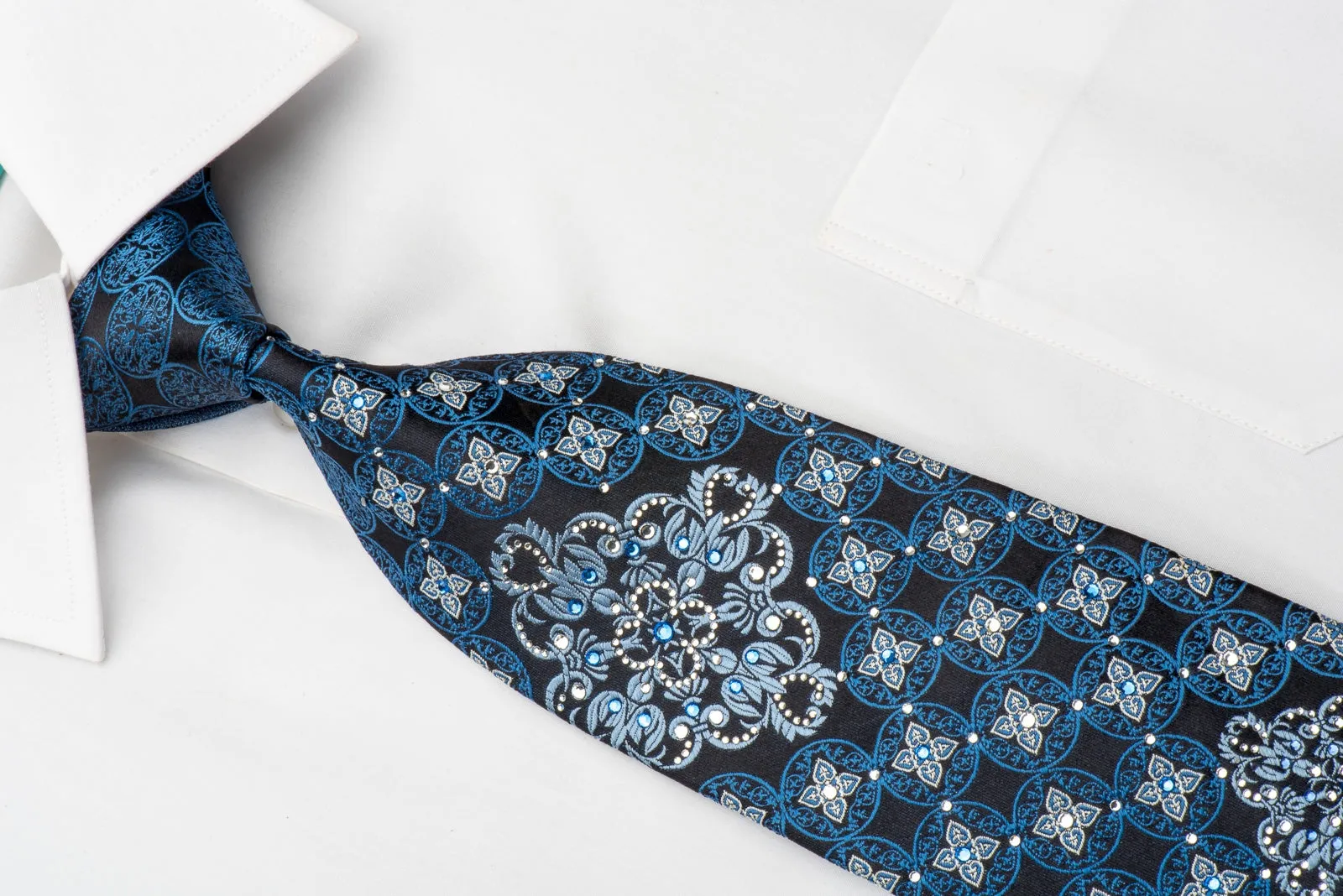 Vigevano Men's Silk Necktie Cartouche Medallions On Navy Sparkling With Rhinestones