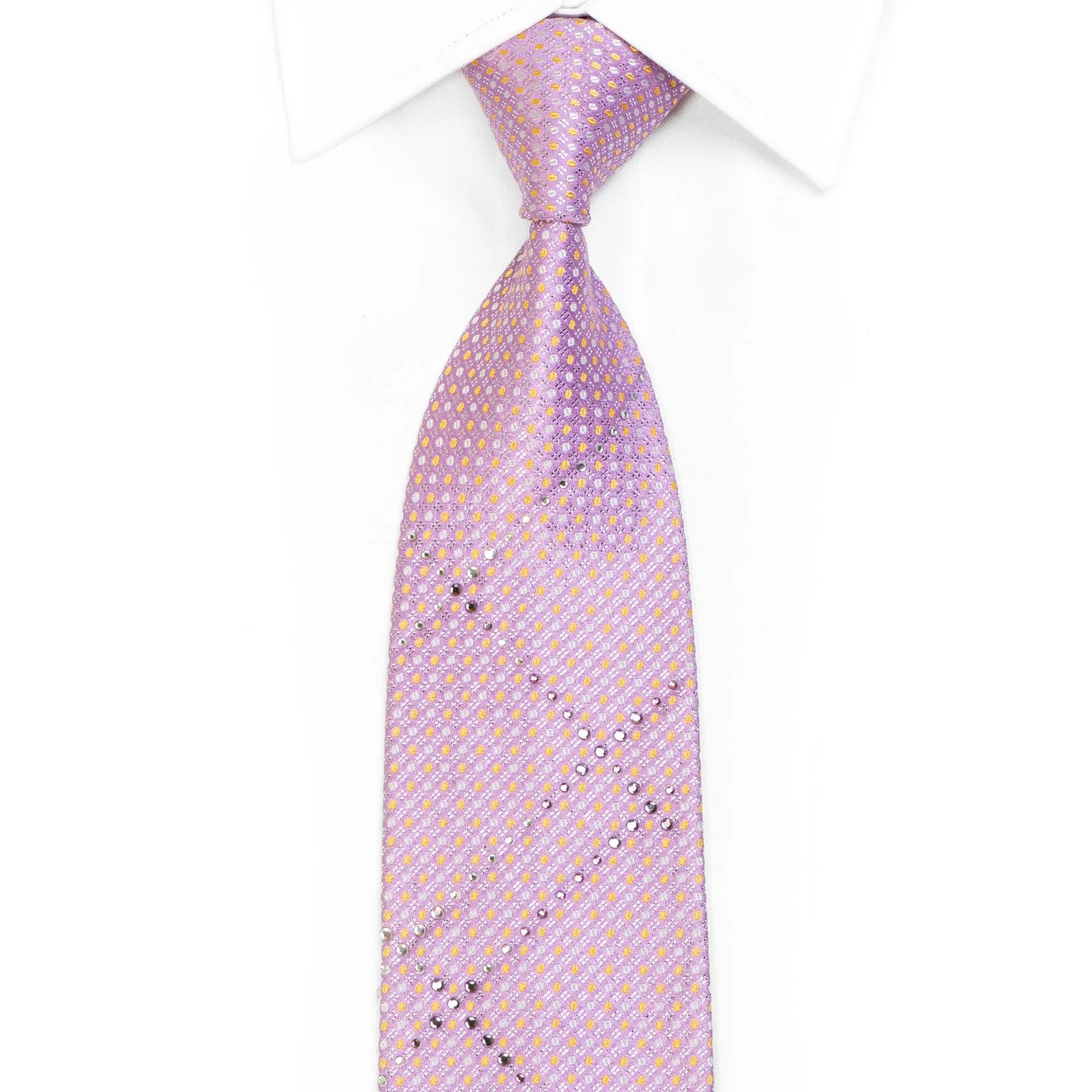 Yellow Silver Micro Dots On Mauve Rhinestone Silk Necktie With Sparkles