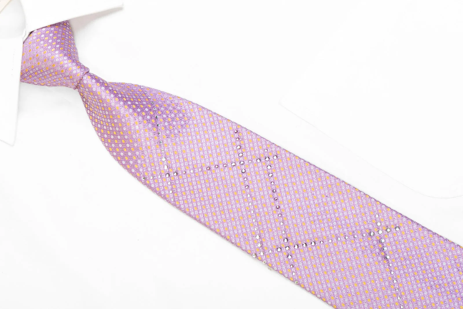 Yellow Silver Micro Dots On Mauve Rhinestone Silk Necktie With Sparkles