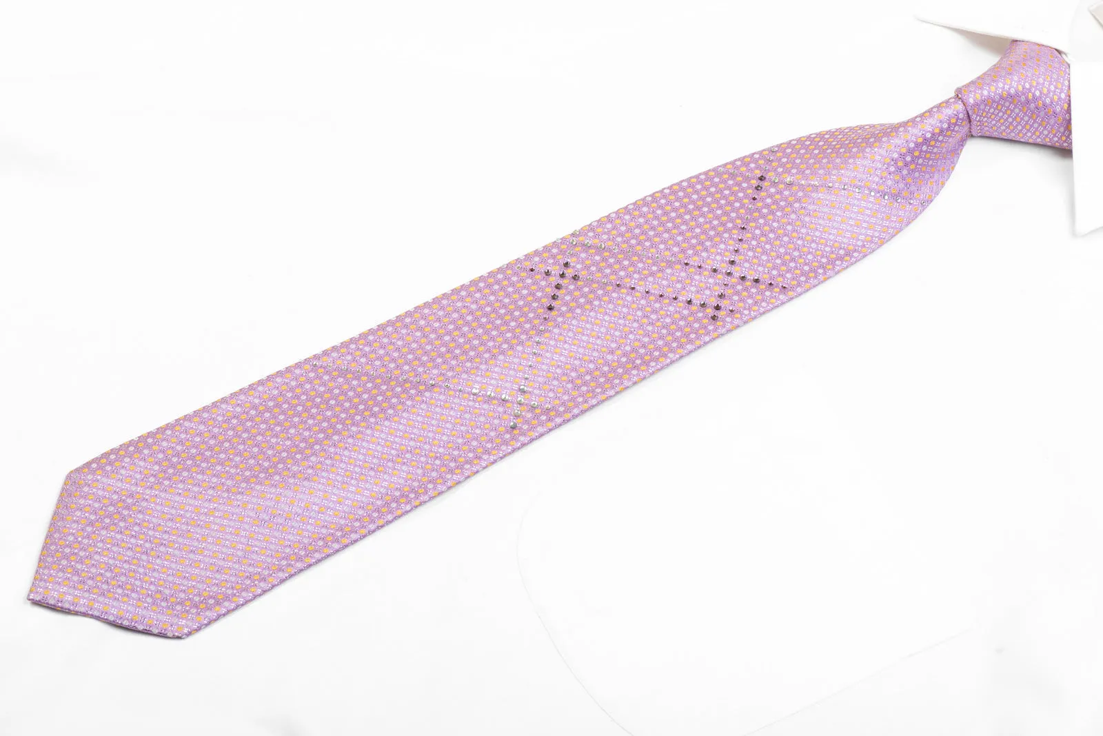 Yellow Silver Micro Dots On Mauve Rhinestone Silk Necktie With Sparkles